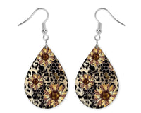 Honeycomb Leopard and Sunflowers Teardrop Earrings - Sew Lucky Embroidery