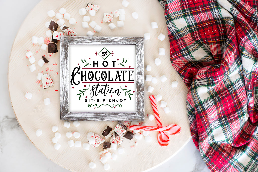 Rustic Christmas Hot Chocolate Station Tier Tray Sign - Sew Lucky Embroidery