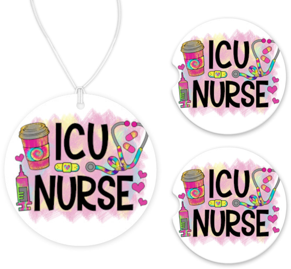 ICU Nurse Car Charm and set of 2 Sandstone Car Coasters - Sew Lucky Embroidery