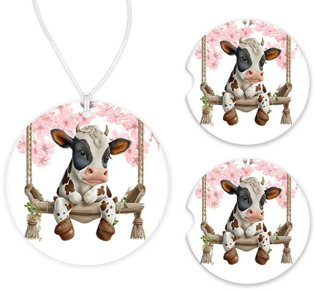Swinging Cow Car Charm and set of 2 Sandstone Car Coasters - Sew Lucky Embroidery
