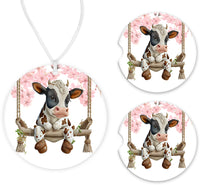 Swinging Cow Car Charm and set of 2 Sandstone Car Coasters - Sew Lucky Embroidery