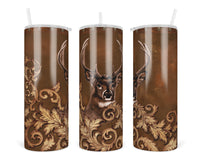 Deer on leather color background 20 oz insulated tumbler with lid and straw - Sew Lucky Embroidery