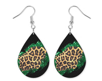 Green Leopard Glitter Teardrop Earrings