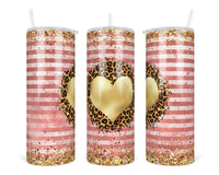 Leopard and Gold Heart Monogram 20 oz insulated tumbler with lid and straw - Sew Lucky Embroidery