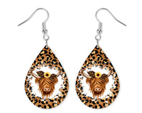 Leopard Highland Cow Teardrop Earrings - Sew Lucky Embroidery