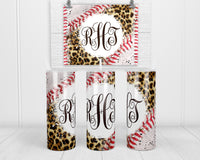 Leopard and Baseball Monogram 20 oz insulated tumbler with lid and straw - Sew Lucky Embroidery