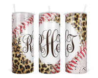 Leopard and Baseball Monogram 20 oz insulated tumbler with lid and straw - Sew Lucky Embroidery