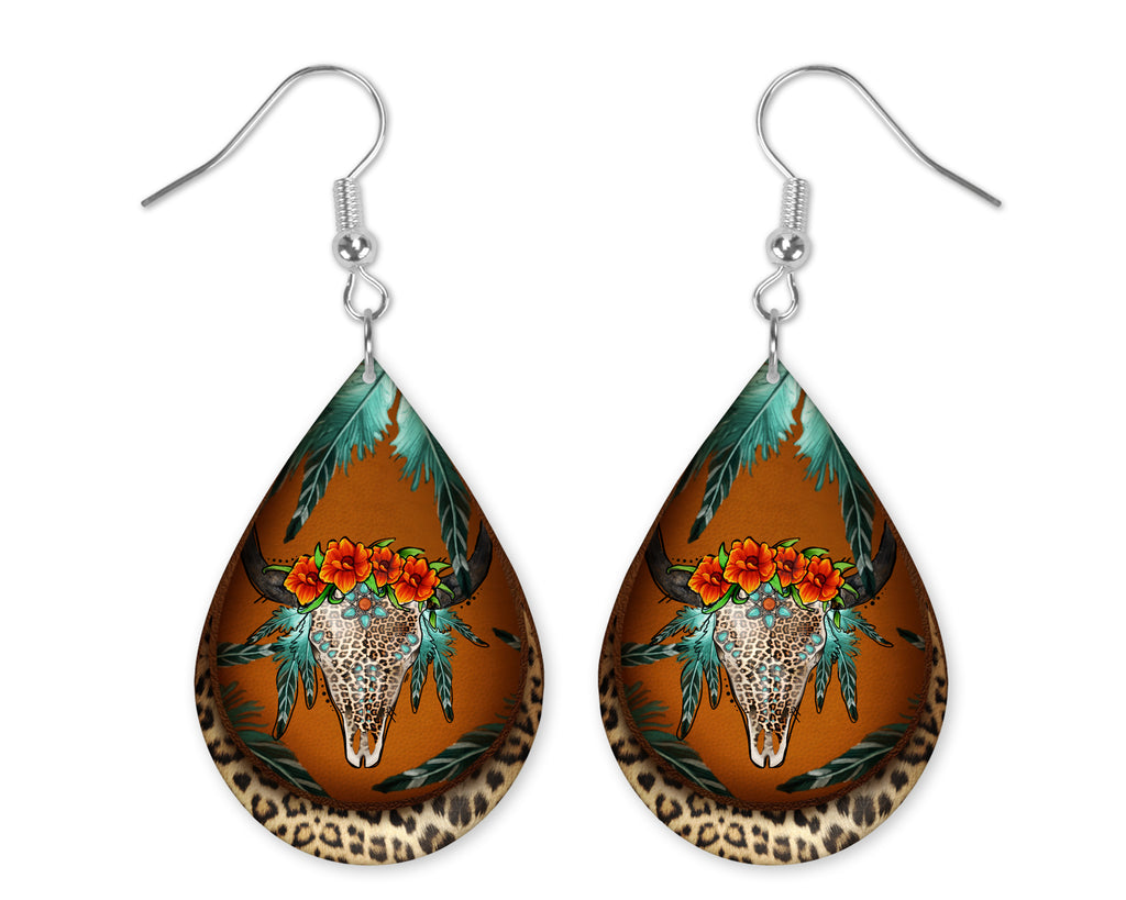 Leopard Bull Skull Teardrop Earrings - Sew Lucky Embroidery
