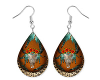 Leopard Bull Skull Teardrop Earrings - Sew Lucky Embroidery
