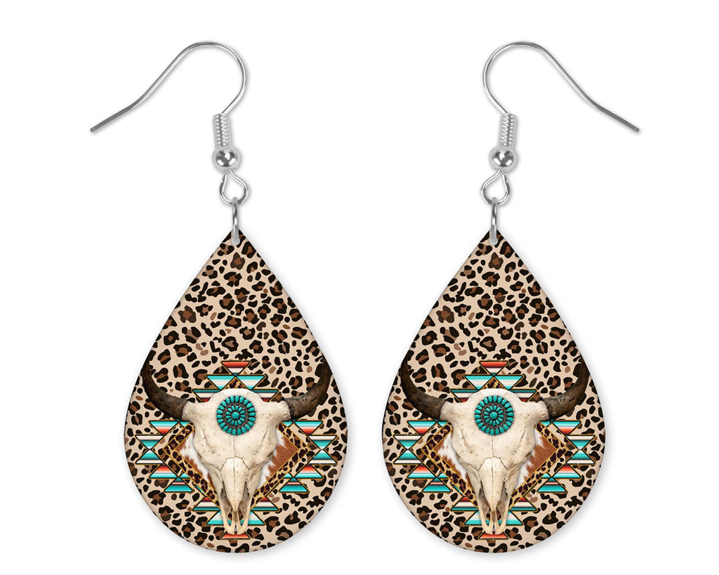 Leopard Print Cow Skull Teardrop Earrings - Sew Lucky Embroidery