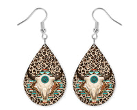 Leopard Print Cow Skull Teardrop Earrings - Sew Lucky Embroidery
