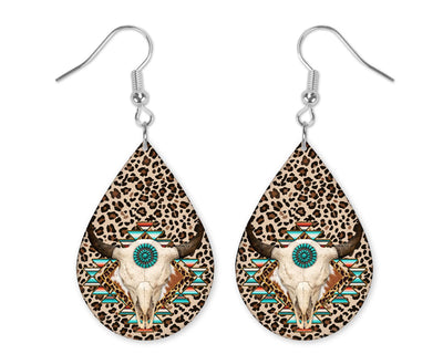 Leopard Print Cow Skull Teardrop Earrings