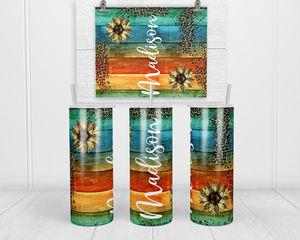Leopard Sunflowers on Wood Personalized 20oz insulated tumbler - Sew Lucky Embroidery