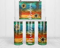 Leopard Sunflowers on Wood Personalized 20oz insulated tumbler - Sew Lucky Embroidery