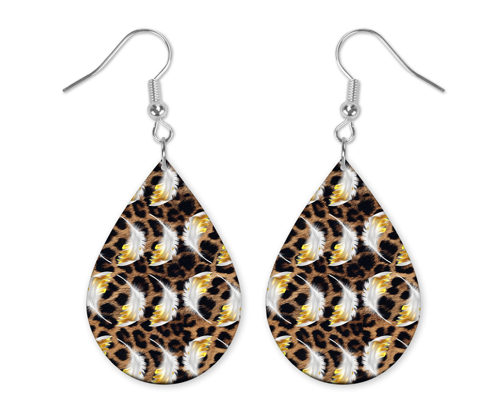 Leopard and Feathers Handmade Wood Earrings - Sew Lucky Embroidery