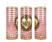 Leopard and Gold Heart Monogram 20 oz insulated tumbler with lid and straw - Sew Lucky Embroidery