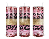 Leopard and Gold Stripes Personalized 20 oz insulated tumbler with lid and straw - Sew Lucky Embroidery