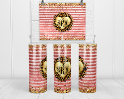 Leopard and Gold Heart Monogram 20 oz insulated tumbler with lid and straw