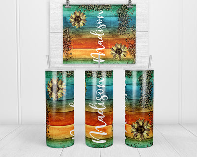 Leopard Sunflowers on Wood Personalized 20oz insulated tumbler