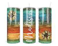 Leopard Sunflowers on Wood Personalized 20oz insulated tumbler - Sew Lucky Embroidery