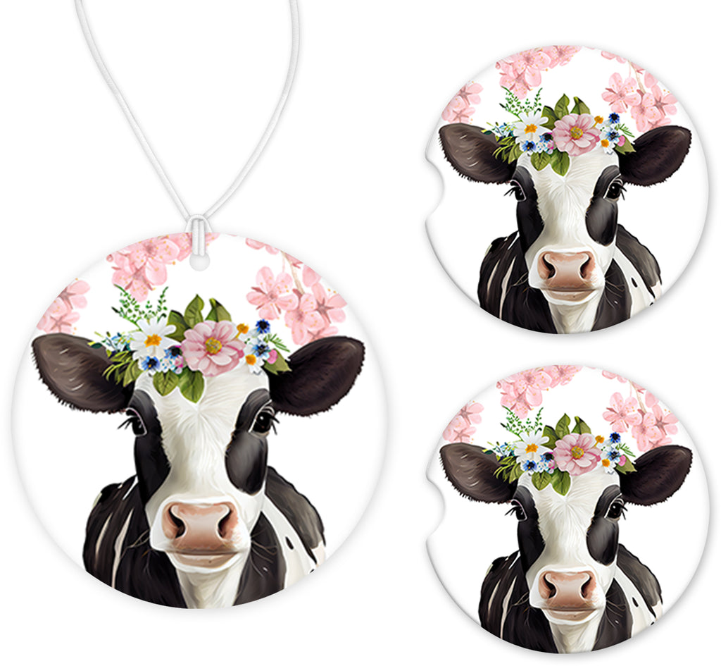 Cow with Light Pink Flower Car Charm and set of 2 Sandstone Car Coasters - Sew Lucky Embroidery