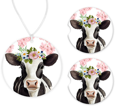 Cow with Light Pink Flower Car Charm and set of 2 Sandstone Car Coasters