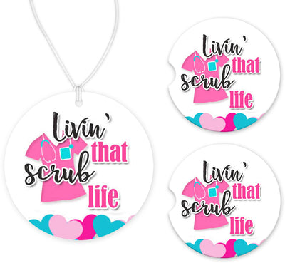 Livin' the Scrub Life Hearts Car Charm and set of 2 Sandstone Car Coasters
