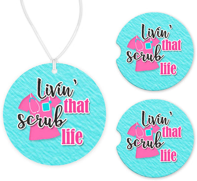 Livin' the Scrub Life Teal Car Charm and set of 2 Sandstone Car Coasters