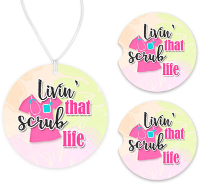 Livin' the Scrub Life Yelllow Car Charm and set of 2 Sandstone Car Coasters