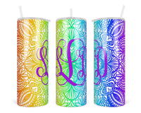 Mandala Rainbow Personalized 20 oz insulated tumbler with lid and straw - Sew Lucky Embroidery
