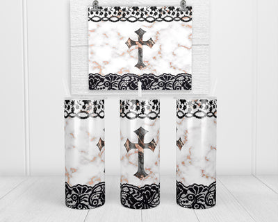 Marble Cross 20 oz insulated tumbler with lid and straw