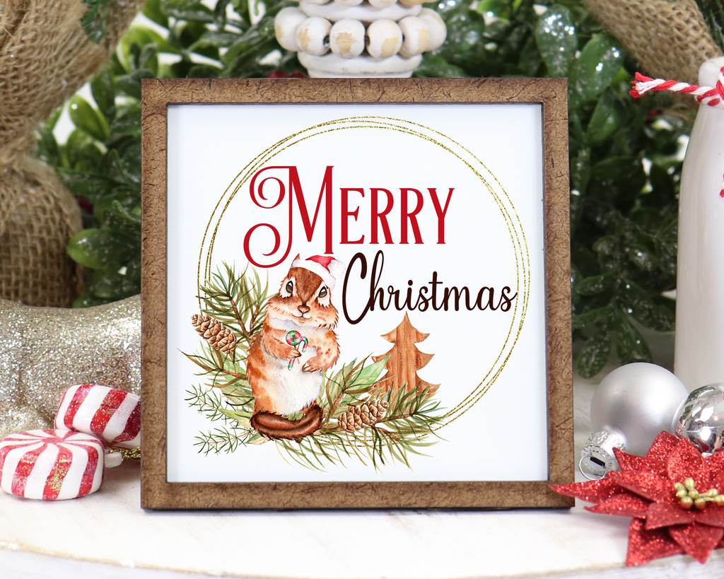 Merry Christmas Chipmunk Tier Tray Sign - Sew Lucky Embroidery