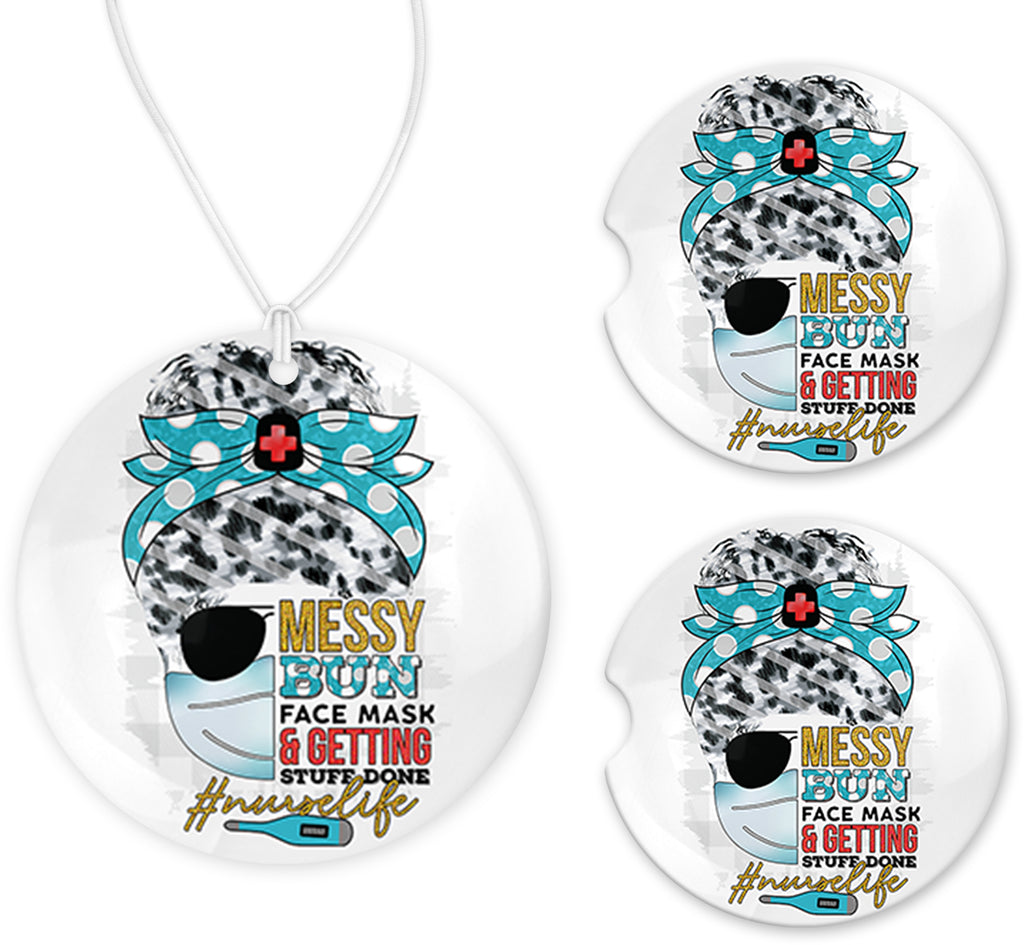 Messy Bun Nurse Car Charm and set of 2 Sandstone Car Coasters - Sew Lucky Embroidery
