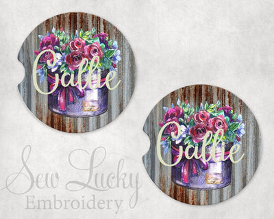 Metal Floral Planter Personalized Sandstone Car Coasters (Set of Two)
