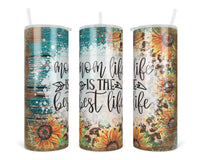 Mom Life Best Life Leopard Sunflowers Teal 20 oz insulated tumbler with lid and straw - Sew Lucky Embroidery