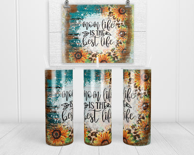 Mom Life Best Life Leopard Sunflowers Teal 20 oz insulated tumbler with lid and straw