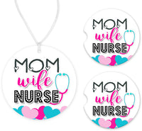Mom Wife Nurse Hearts Car Charm and set of 2 Sandstone Car Coasters - Sew Lucky Embroidery