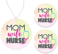 Mom Wife Nurse Car Charm and set of 2 Sandstone Car Coasters - Sew Lucky Embroidery