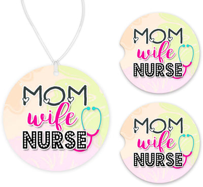 Mom Wife Nurse Car Charm and set of 2 Sandstone Car Coasters
