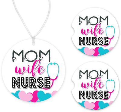 Mom Wife Nurse Hearts Car Charm and set of 2 Sandstone Car Coasters