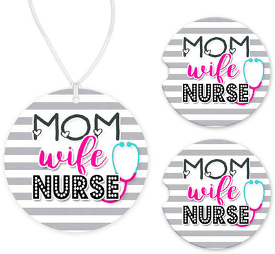 Mom Wife Nurse Stripes Car Charm and set of 2 Sandstone Car Coasters