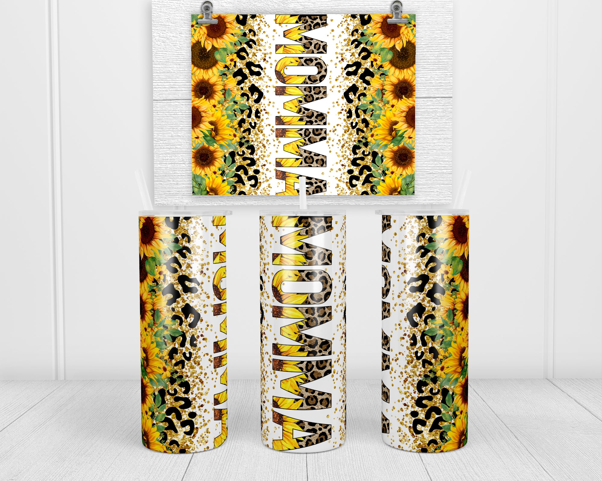 Mom Life Best Life Leopard Sunflowers Teal 20 oz insulated tumbler with lid  and straw