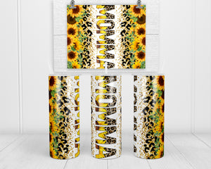 Momma Leopard Sunflowers 20 oz insulated tumbler with lid and straw - Sew Lucky Embroidery
