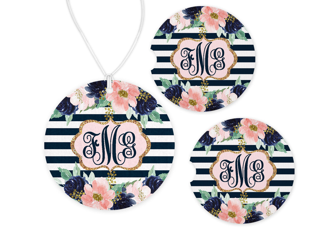 Navy Stripes Car Charm and set of 2 Sandstone Car Coasters Personalized - Sew Lucky Embroidery