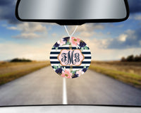 Navy Stripes Car Charm and set of 2 Sandstone Car Coasters Personalized - Sew Lucky Embroidery