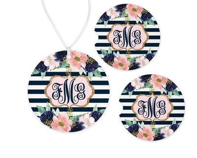 Navy Stripes Car Charm and set of 2 Sandstone Car Coasters Personalized