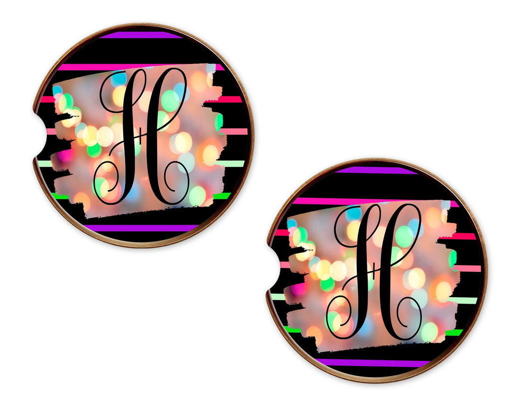 Neon Stripes Personalized Sandstone Car Coasters - Sew Lucky Embroidery