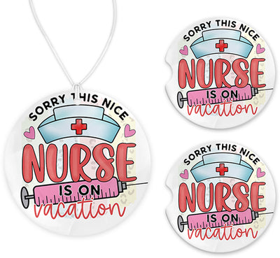Nice Nurse on Vacation Car Charm and set of 2 Sandstone Car Coasters
