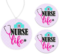 Nurse Life Polka Dots Purple Car Charm and set of 2 Sandstone Car Coasters - Sew Lucky Embroidery
