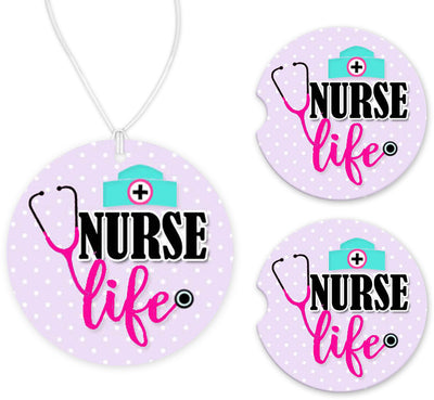 Nurse Life Polka Dots Purple Car Charm and set of 2 Sandstone Car Coasters